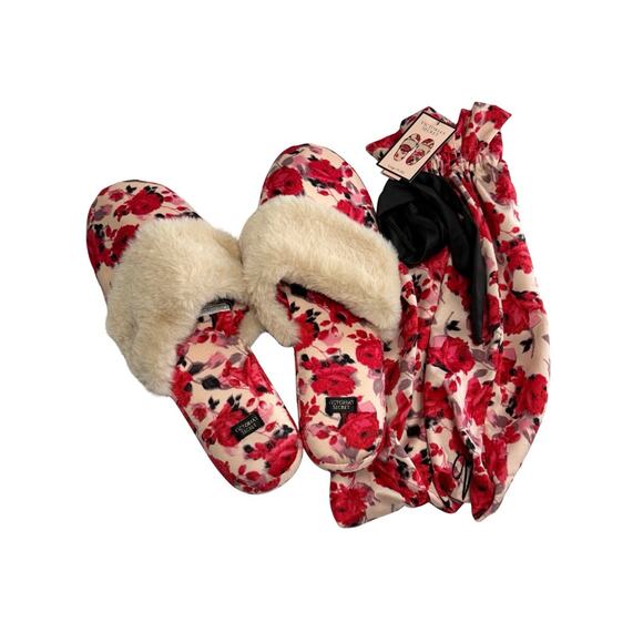 Victoria's Secret Shoes - Victoria’s Secret Signature Satin Slippers Large Fur Trim Slide with Bag NWT